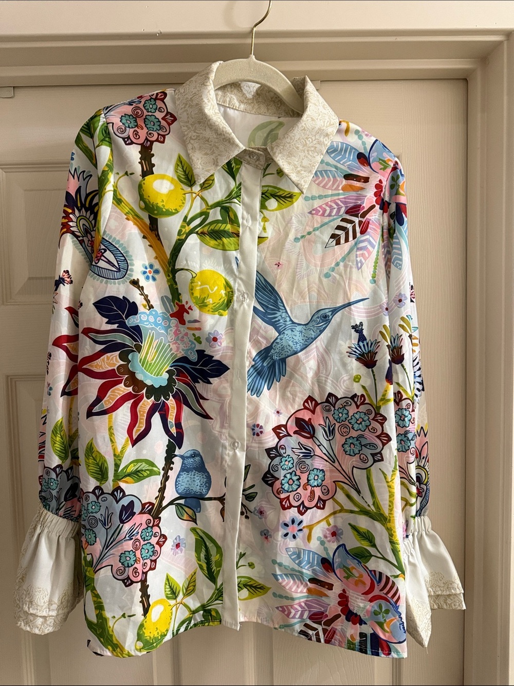 White Floral & Hummingbird Button-Up Blouse